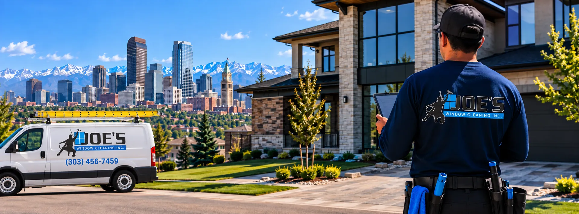Joe's Window Cleaning technician reviewing a job on a tablet outside a home with the Denver skyline in the background