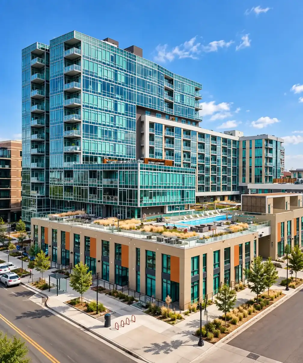 Modern apartment complex exterior against a blue sky