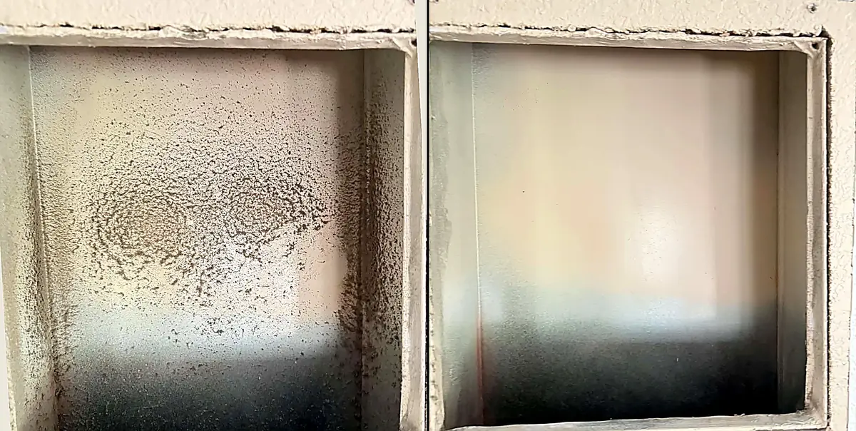 Before and after: a dryer vent duct cleared of built-up lint