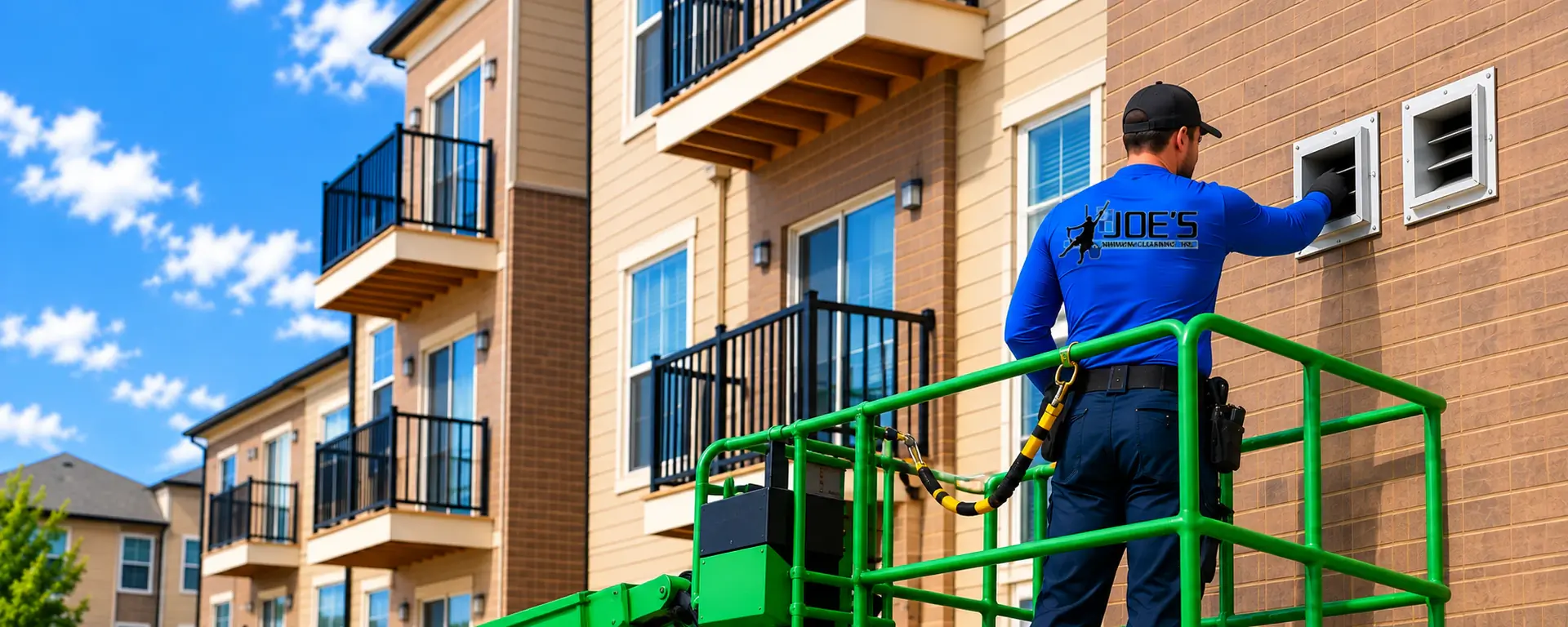 Joe's Window Cleaning technician on a boom lift cleaning dryer vents on a multi-story apartment building