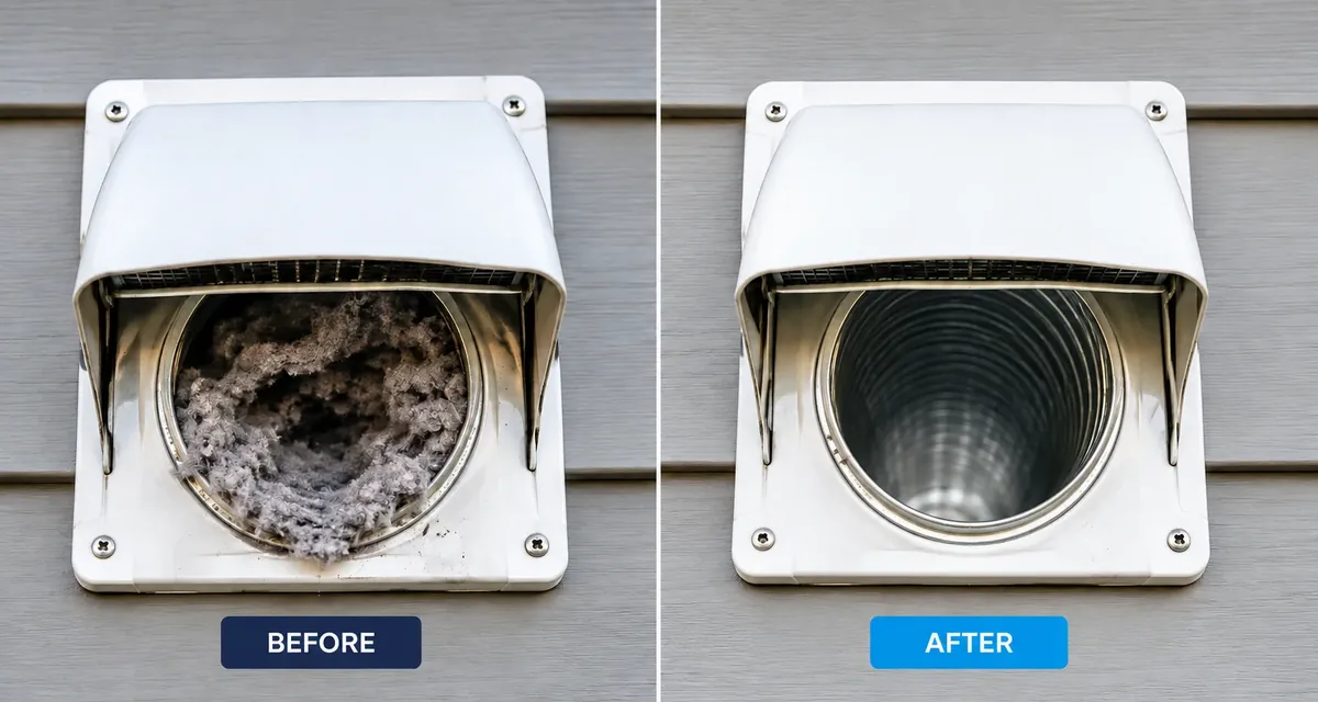Before and after: a lint-clogged dryer vent cleaned and restored to full airflow