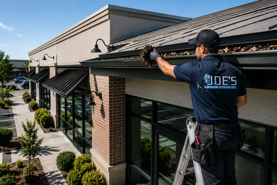 Joe's Window Cleaning technician cleaning a commercial storefront's gutters