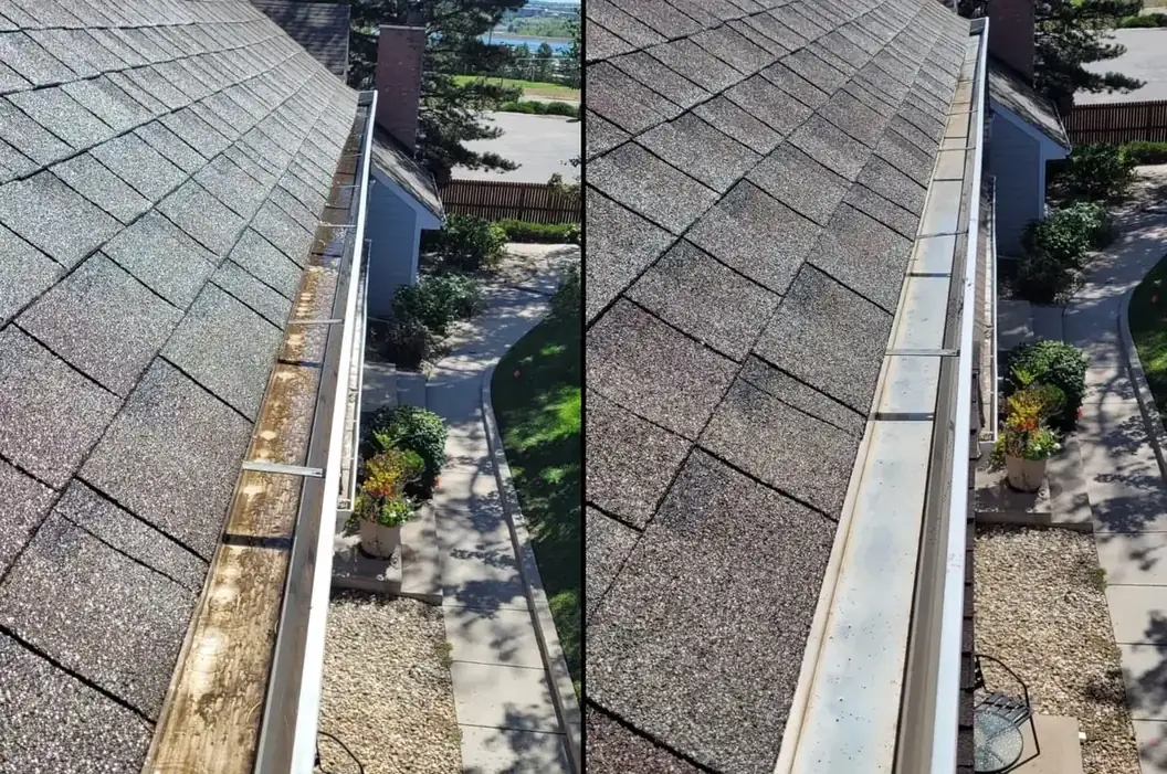 Before and after: a gutter cleared of debris near a chimney