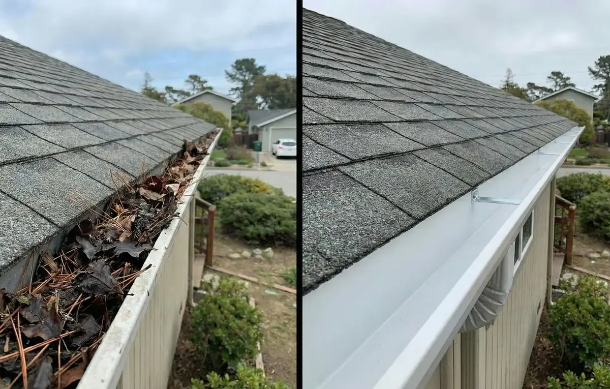 Before and after: a residential gutter cleared of leaves and debris