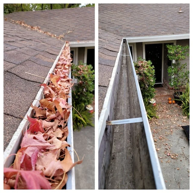 Before and after: a gutter cleared of fall leaves