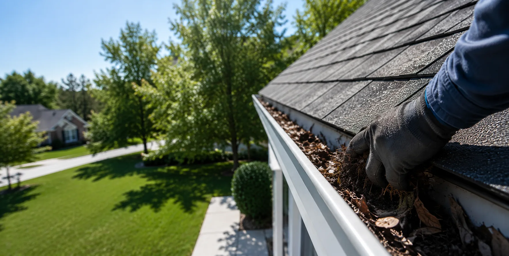 Gloved hand clearing leaves and debris from a residential gutter