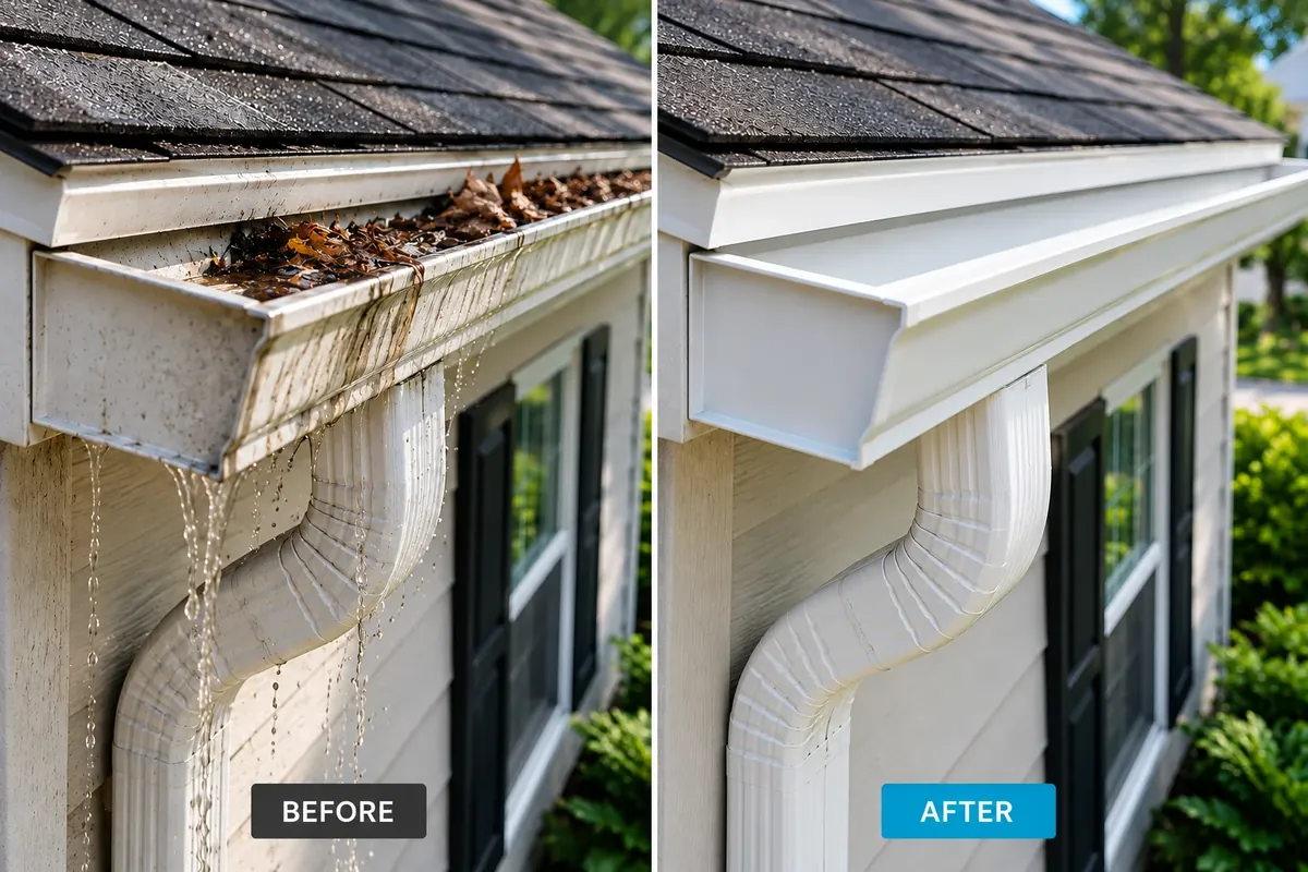 Before and after: a clogged, overflowing gutter cleaned and restored to proper drainage