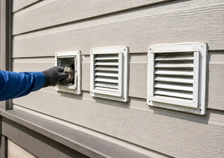 Close-up of a technician's gloved hand clearing lint from a dryer vent opening