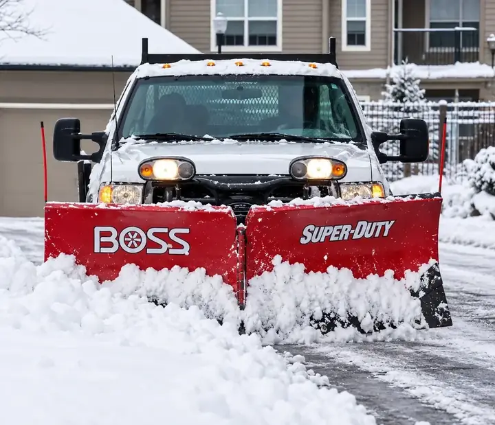 Joe's Window Cleaning BOSS snow plow truck clearing a residential driveway