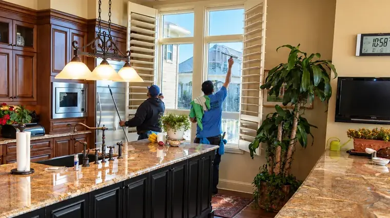 Joe's Window Cleaning technicians cleaning interior kitchen windows in a residential home