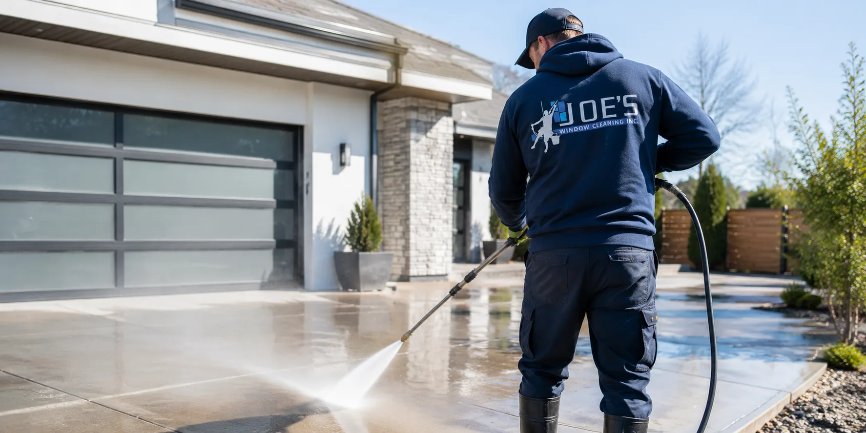 Joe's Window Cleaning technician pressure washing the entrance walkway of a commercial building