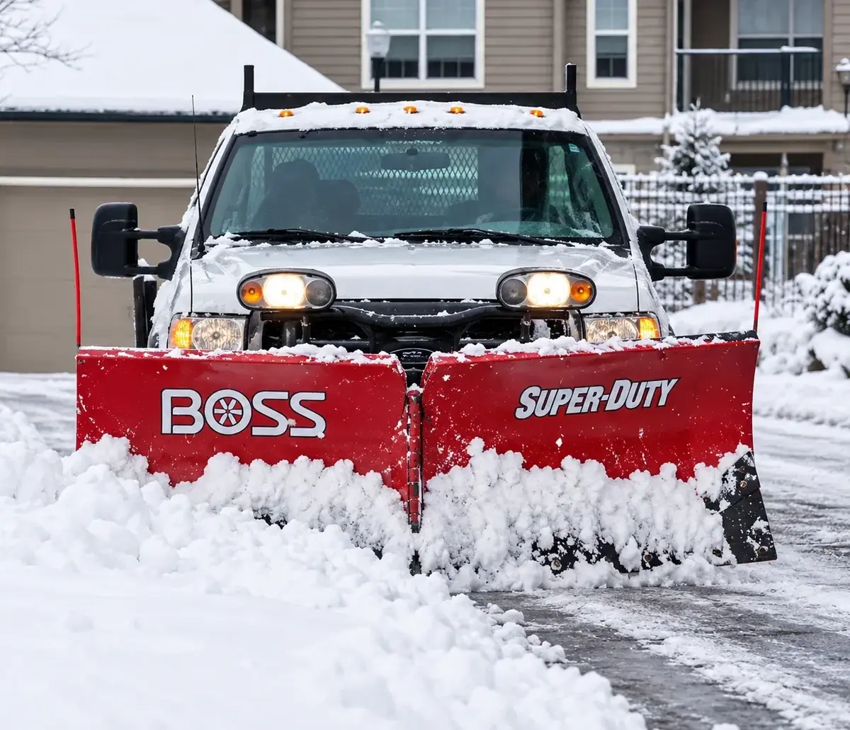 Joe's Window Cleaning BOSS snow plow truck clearing a residential driveway