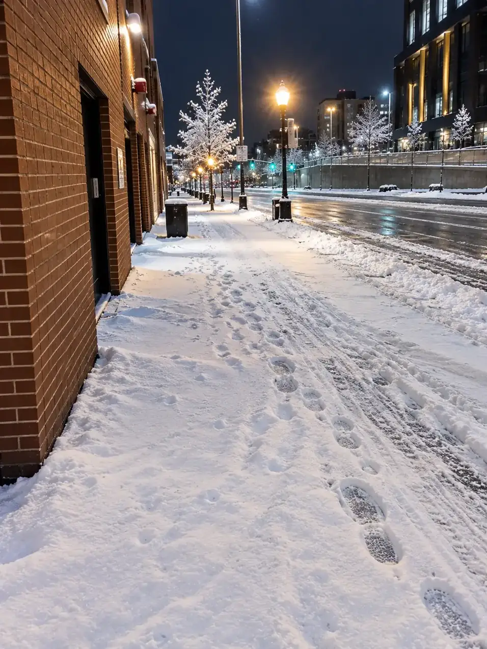 Cleared sidewalk along a commercial building after a snowstorm