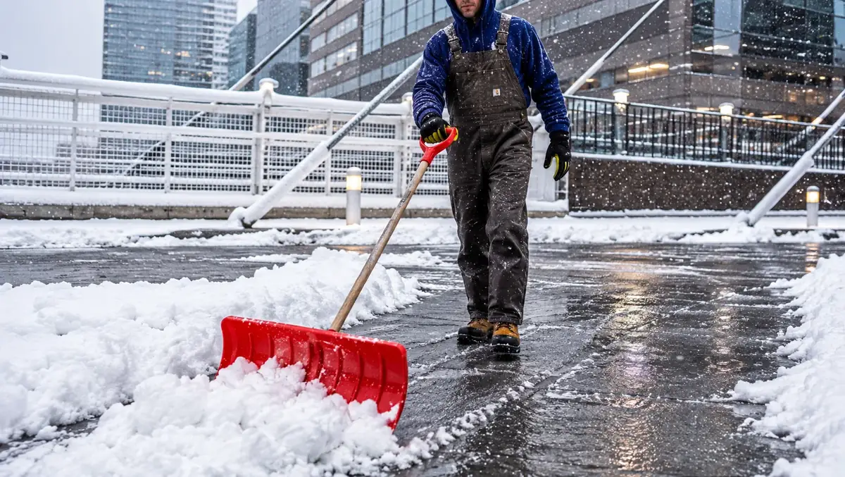 Shoveling a snowy walkway in a downtown area