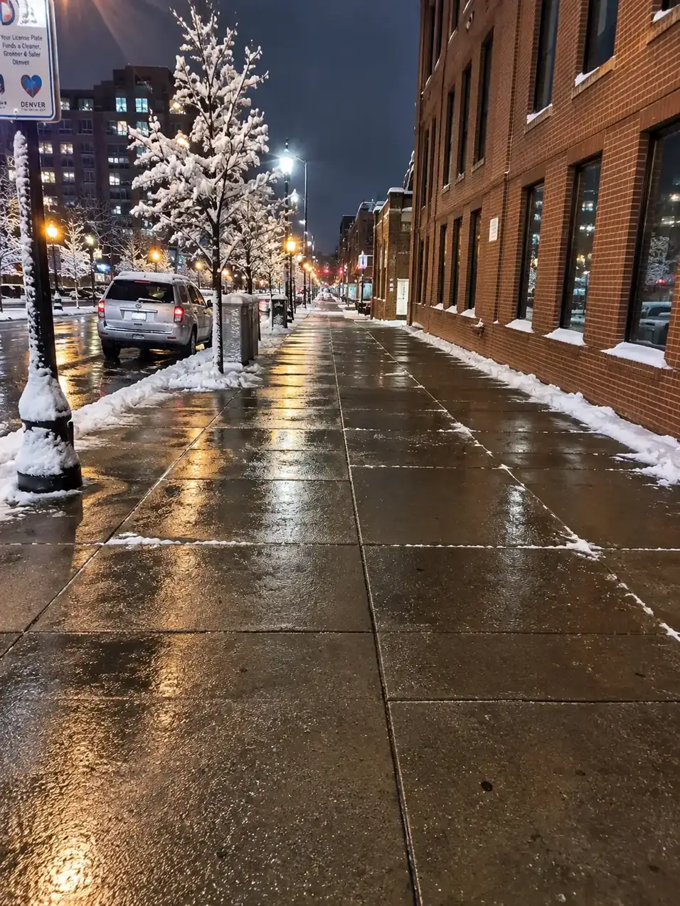 Cleared sidewalk along a city street at night after a snowstorm