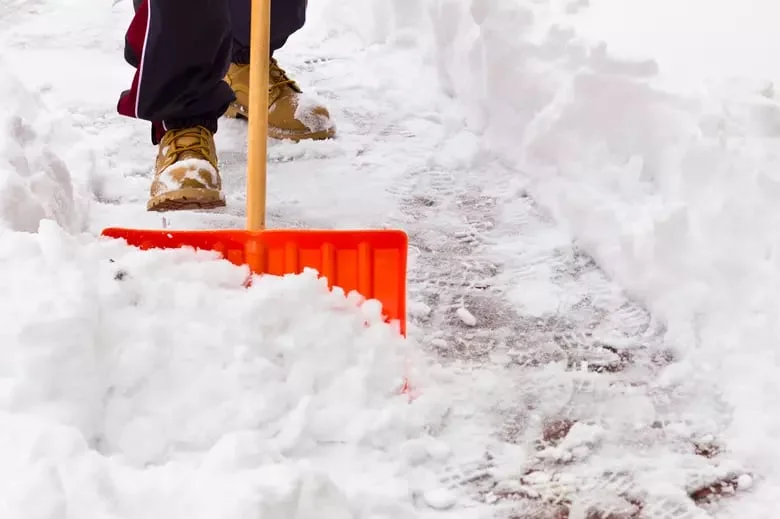 Close-up of a shovel clearing fresh snow from a walkway