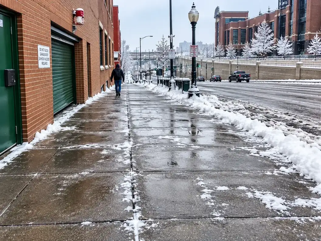 Cleared sidewalk beside a brick building after a snowstorm