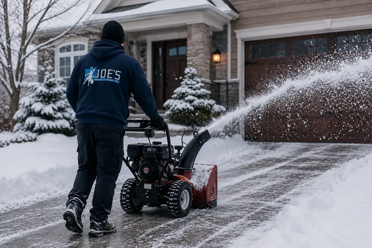Joe's Window Cleaning technician clearing a snowy residential driveway with a snow blower