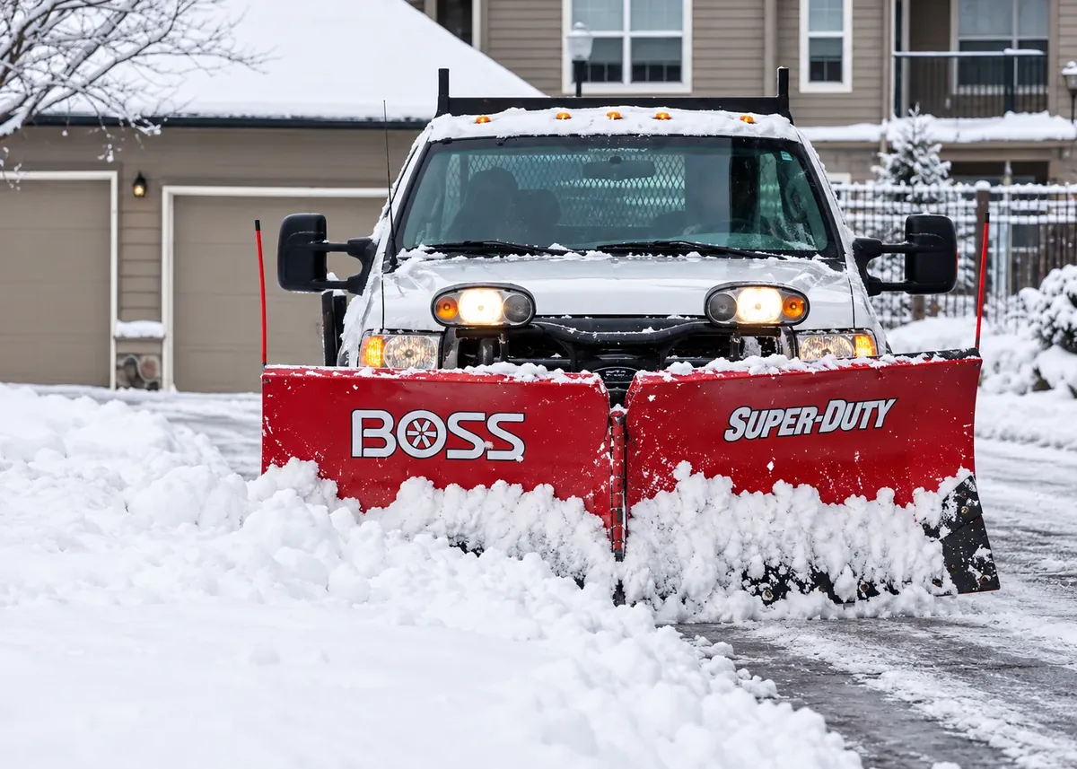 Joe's Window Cleaning truck with a snow plow clearing a residential driveway