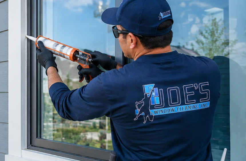 Joe's Window Cleaning technician applying caulk to a residential window