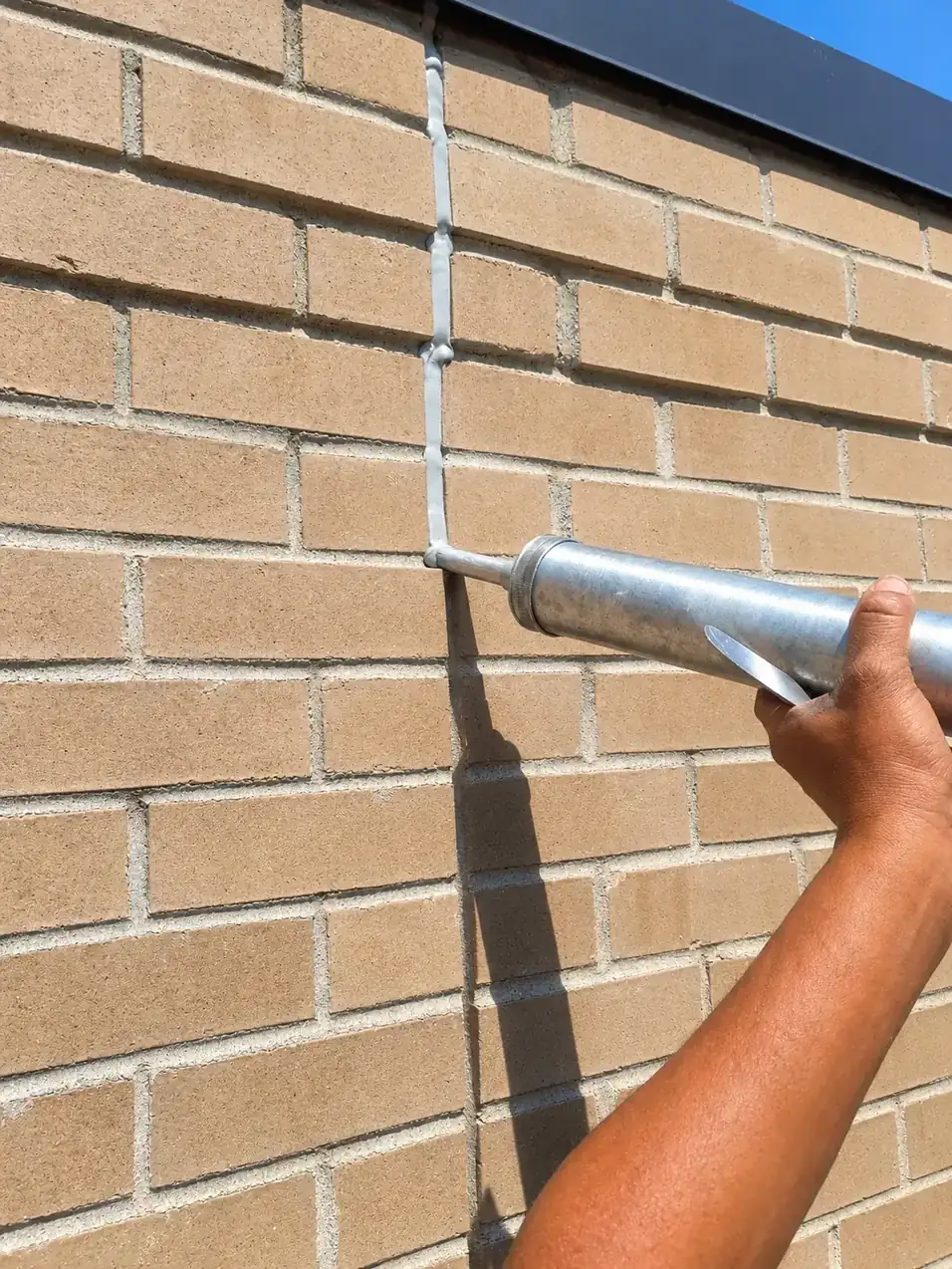Close-up of fresh caulk being applied to a brick wall seam