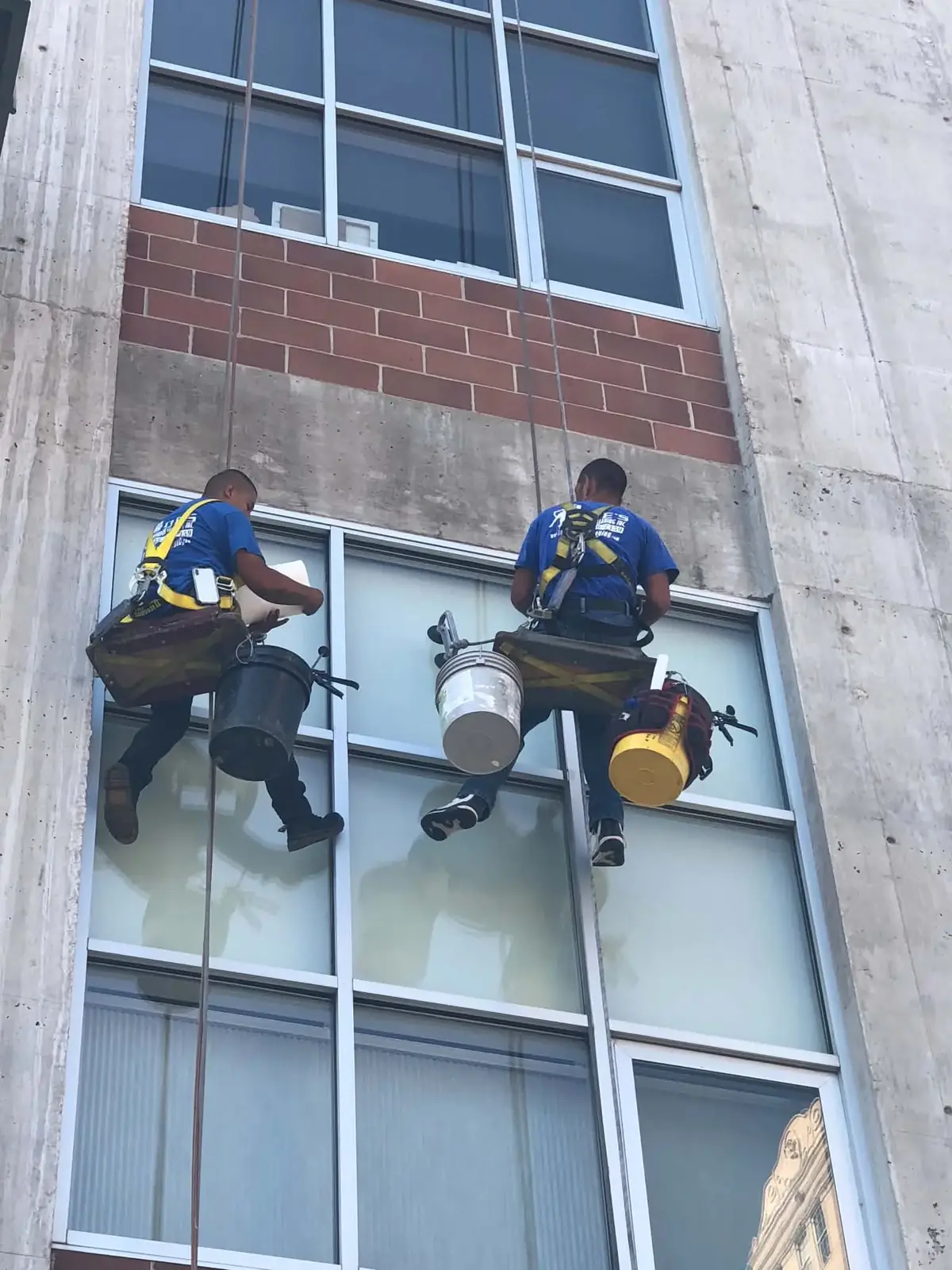 Joe's Window Cleaning technicians on rope access applying caulk to a high-rise building