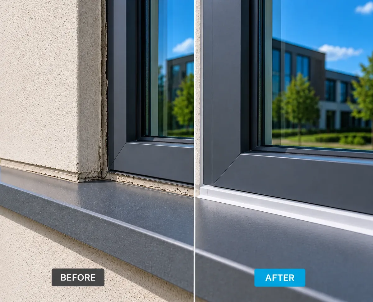 Before and after: cracked window caulk replaced with a fresh seal