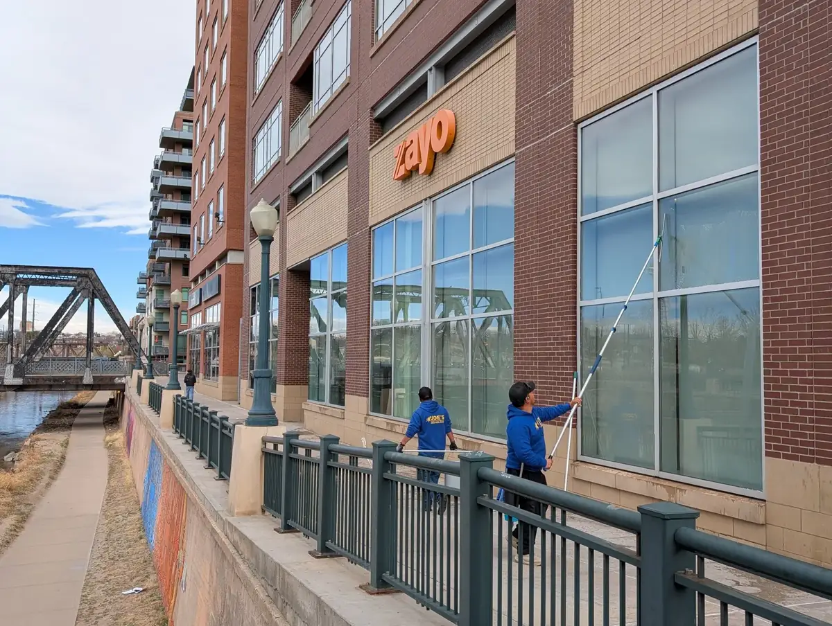 Sample: Joe's technicians cleaning the large storefront windows of a riverside commercial building