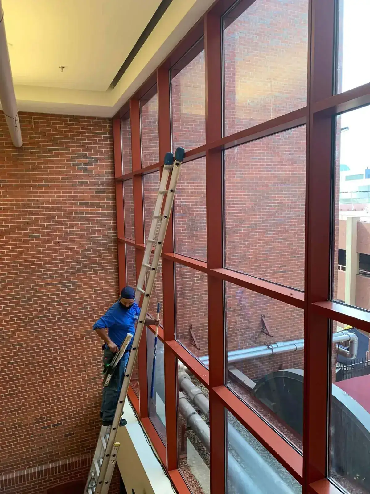 Joe's technician on a ladder cleaning a tall wall of red-framed glass