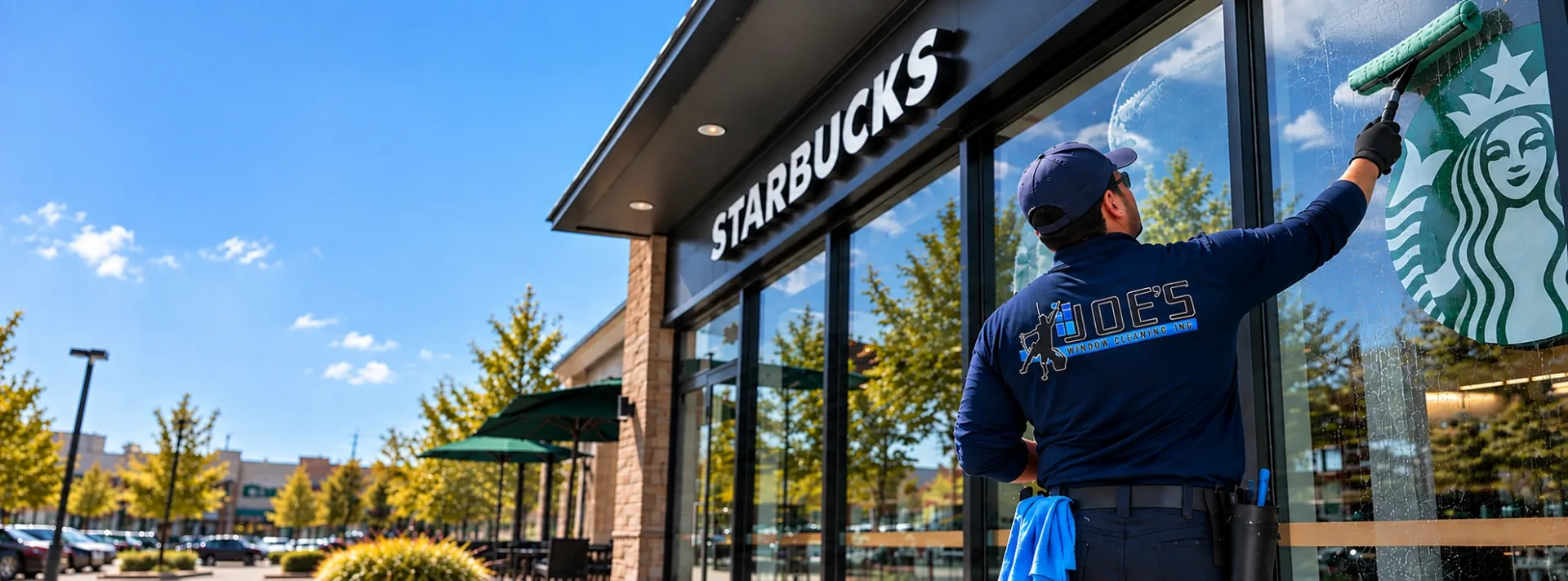 Joe's Window Cleaning technician squeegeeing the storefront glass of a commercial coffee shop