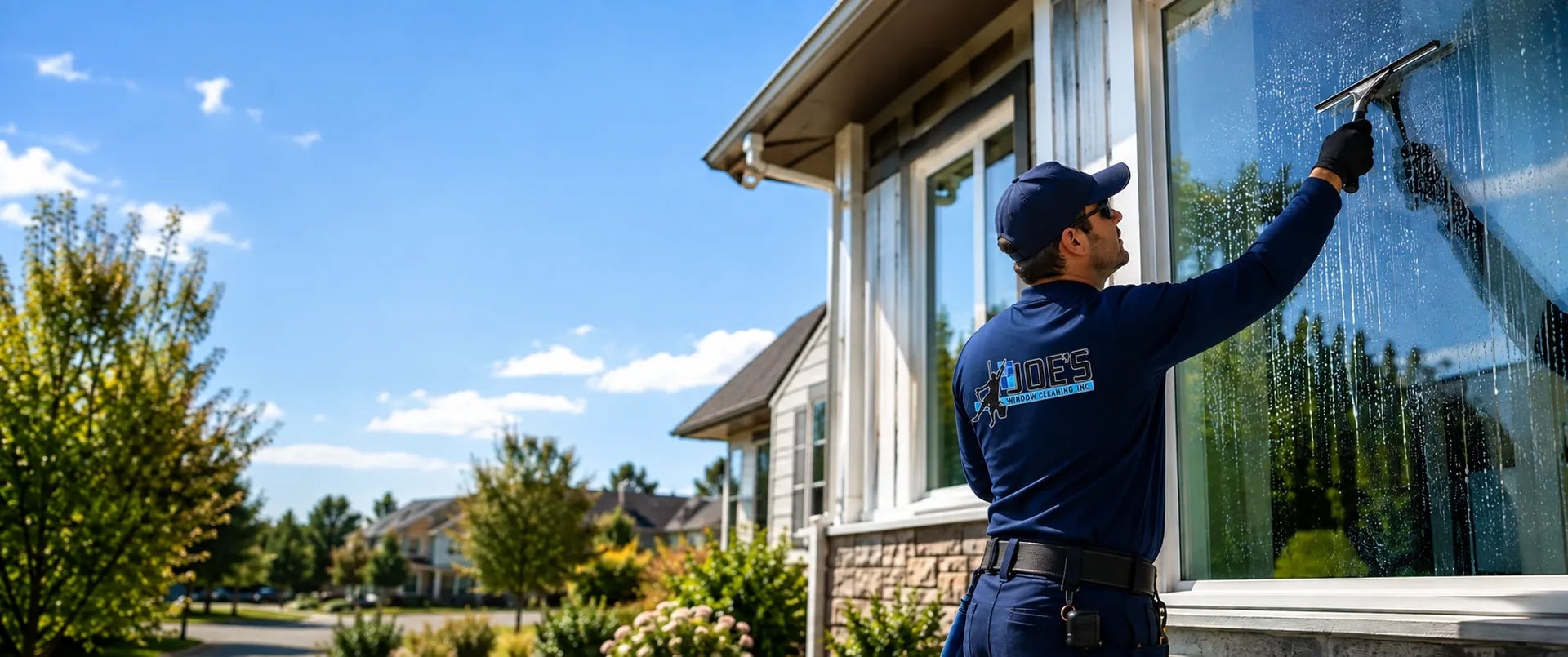 Joe's Window Cleaning technician squeegeeing an exterior window at a residential home