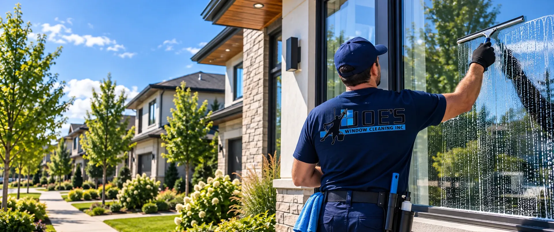 Joe's Window Cleaning technician squeegeeing a window at a modern home