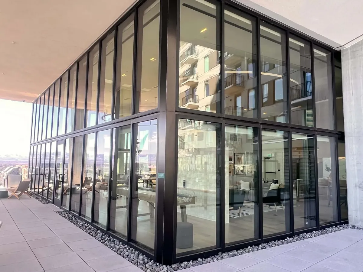 Sample of freshly cleaned glass on a rooftop apartment building lounge