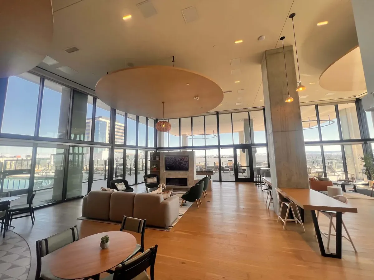 Sample of freshly cleaned glass in a rooftop lounge with city views